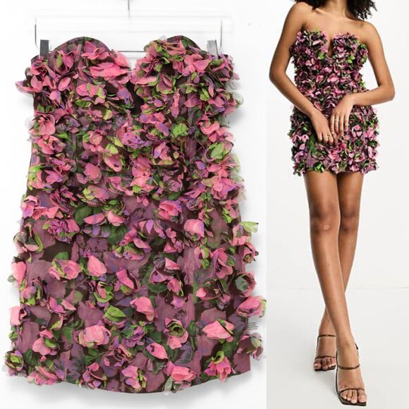 ASOS Dresses & Skirts - ASOS Corset Plunge Mini Dress Floral Print Flower Appliqués Pink Green 8 New